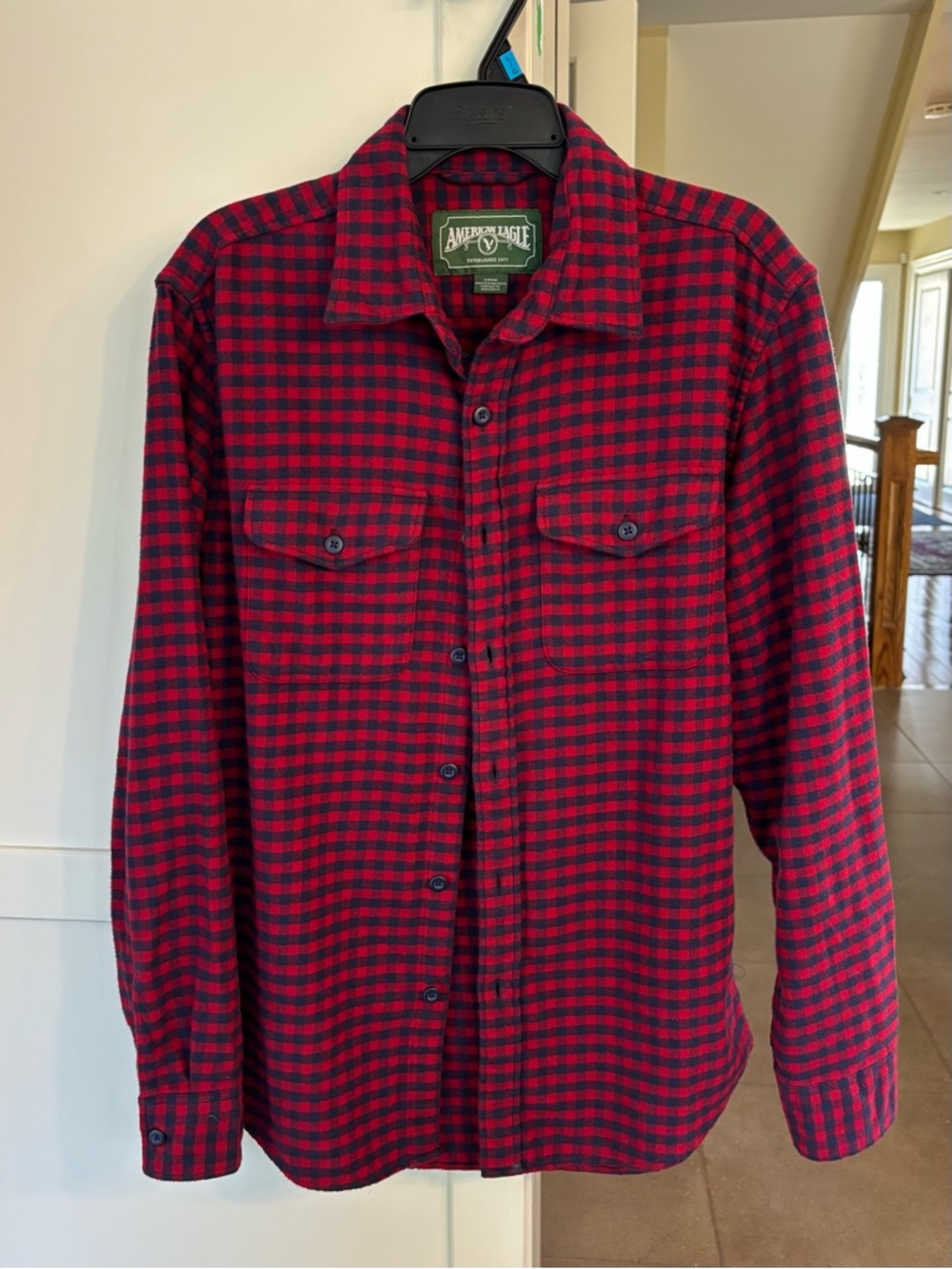 American Eagle Red & Navy Check Plaid Cotton Flannel Shirt Men Size S